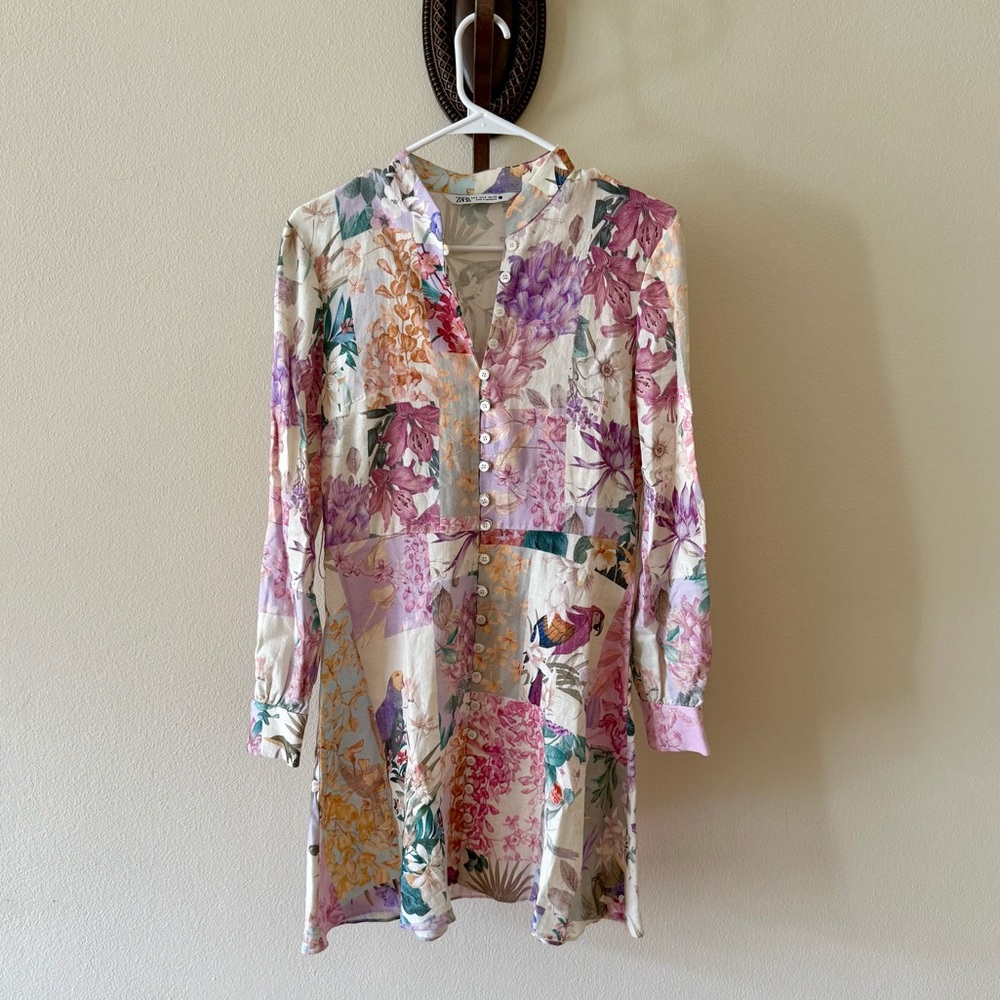 Zara Floral Linen Mini Dress with belt